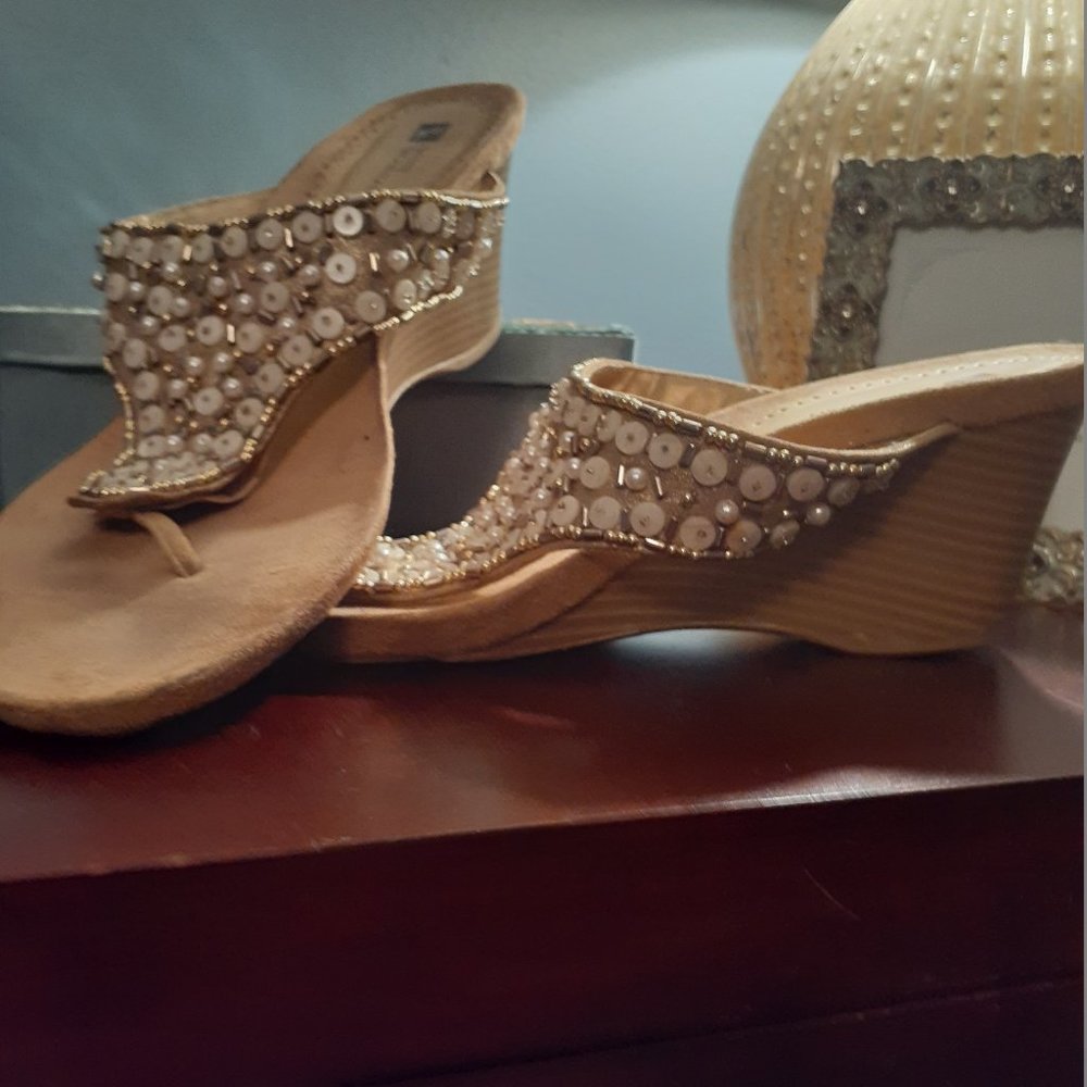 Beige Tone Shoe and Heel, Dressy Sandals, Pearls on straps, Party shoe